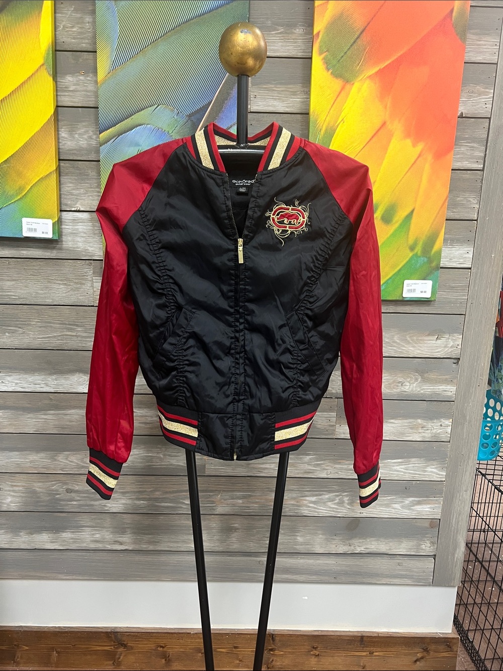 Red and Black Satin Bomber Jacket with Crest Detail